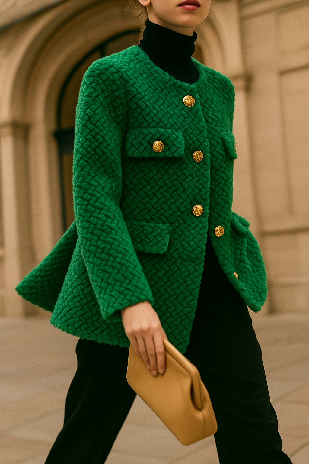 Chic Green Textured Knit Jacket with Gold Buttons