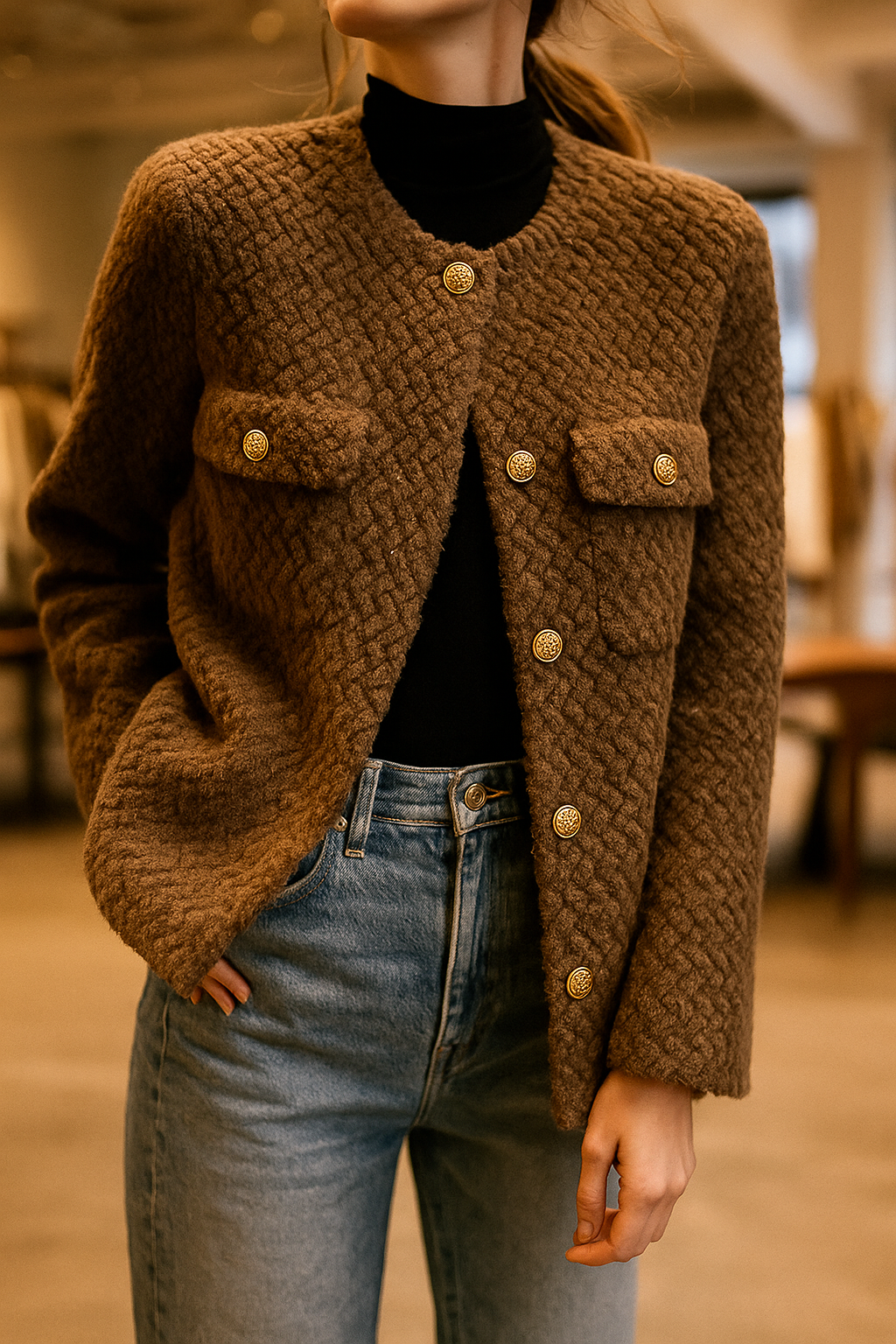 Chic Green Textured Knit Jacket with Gold Buttons