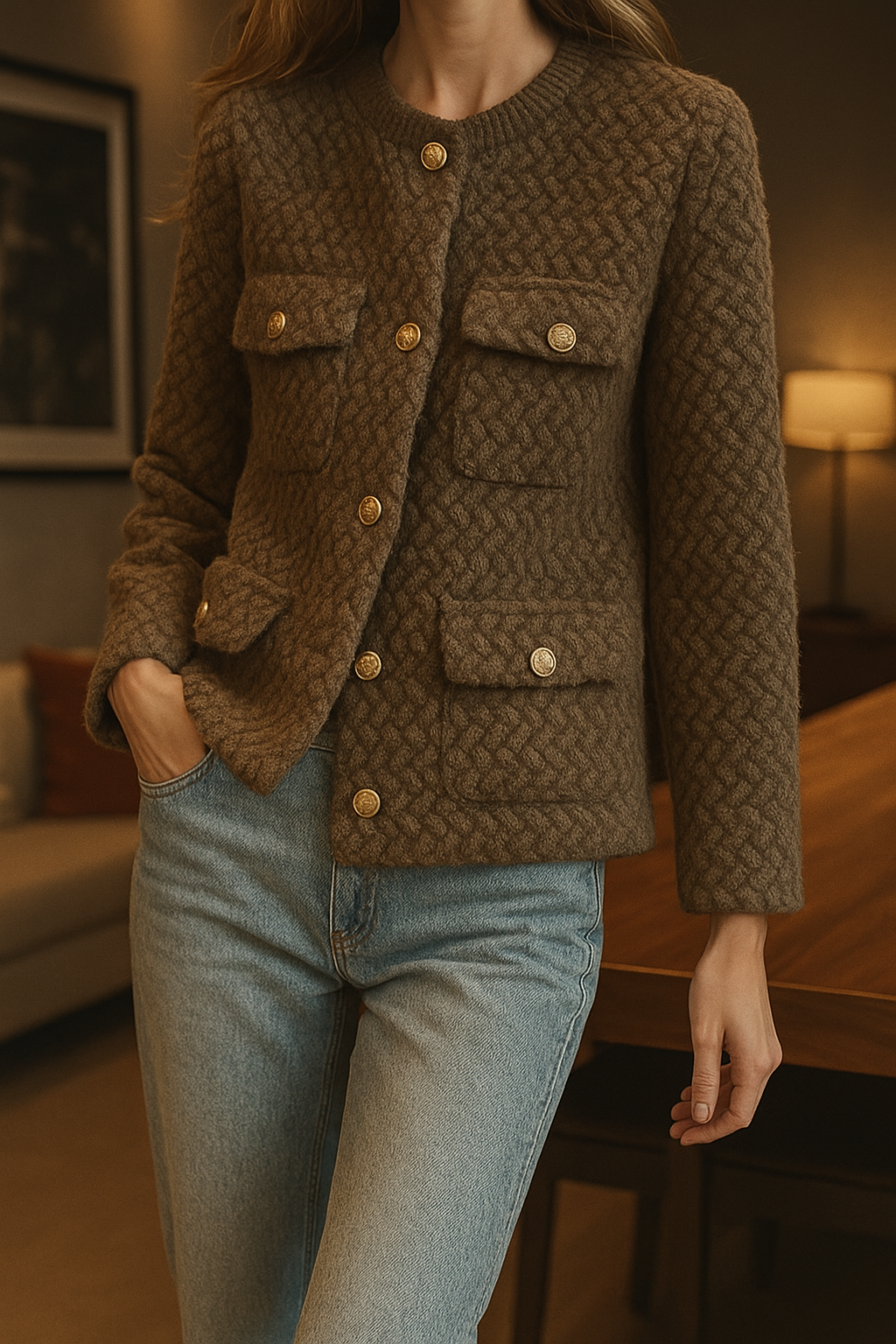 Chic Green Textured Knit Jacket with Gold Buttons