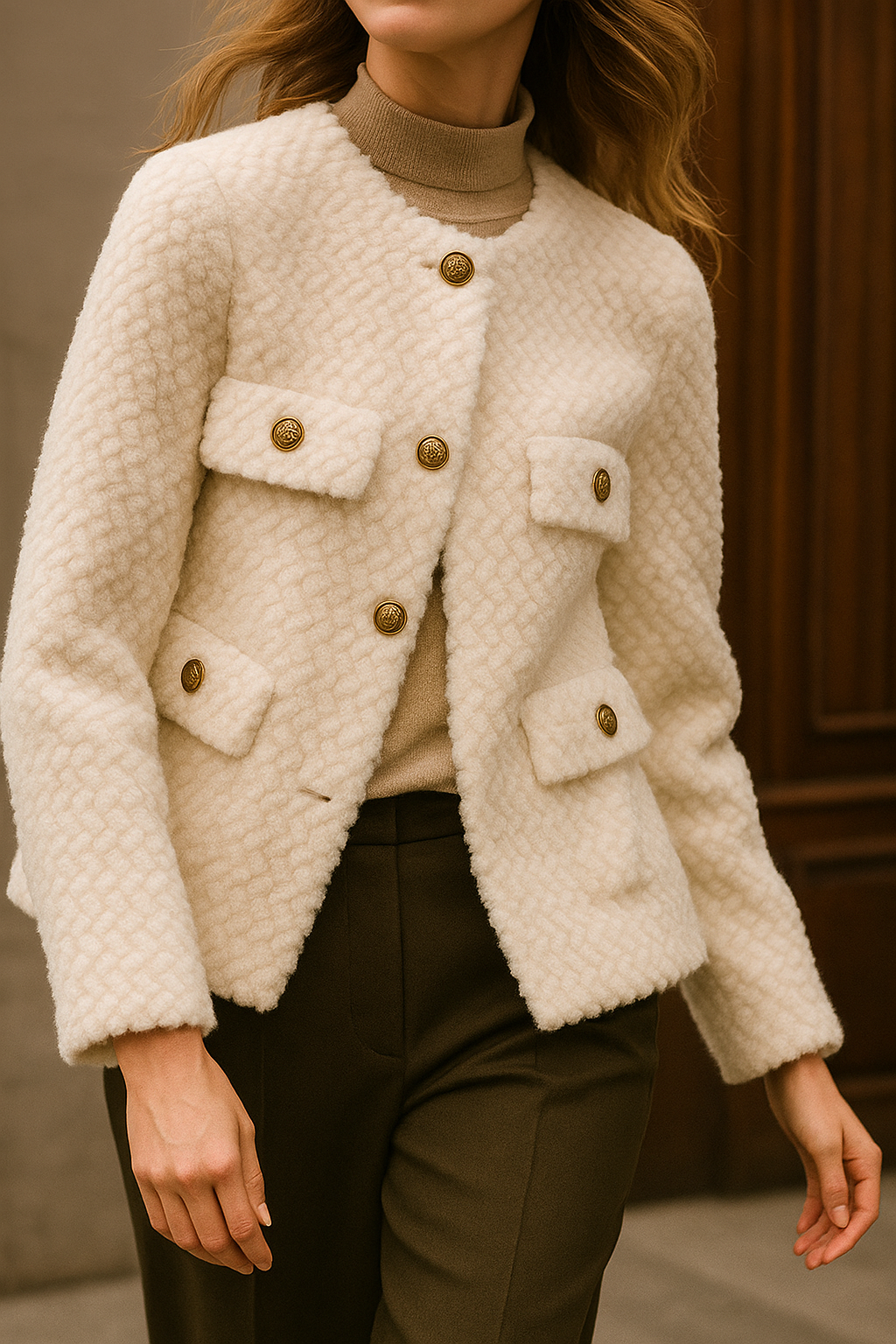Chic Green Textured Knit Jacket with Gold Buttons