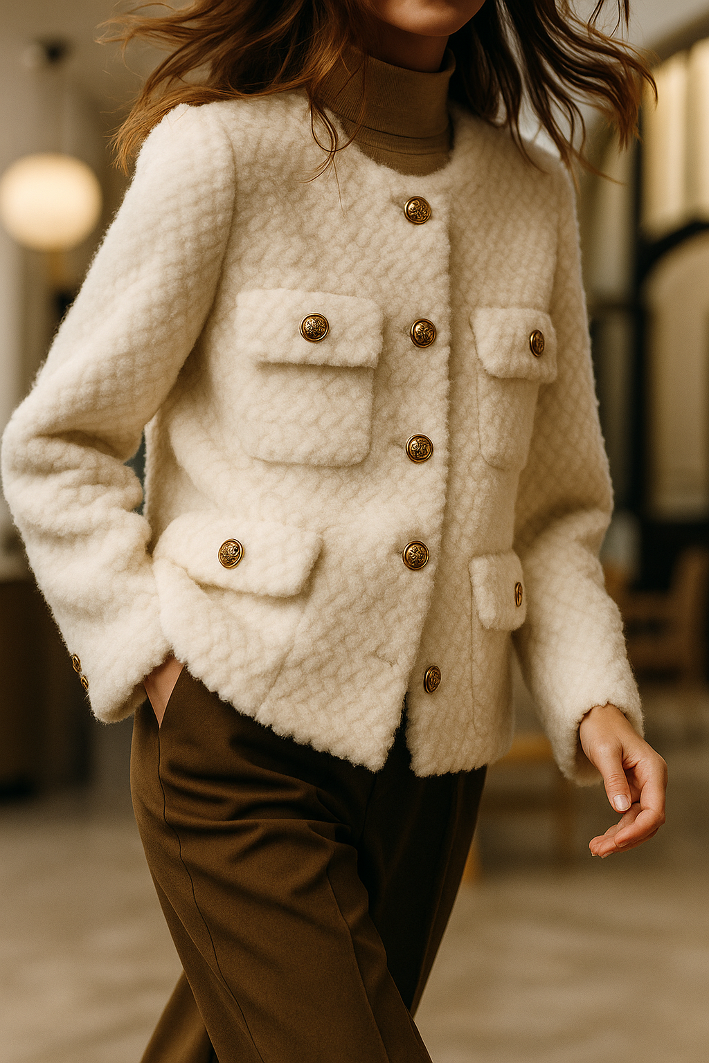 Chic Green Textured Knit Jacket with Gold Buttons