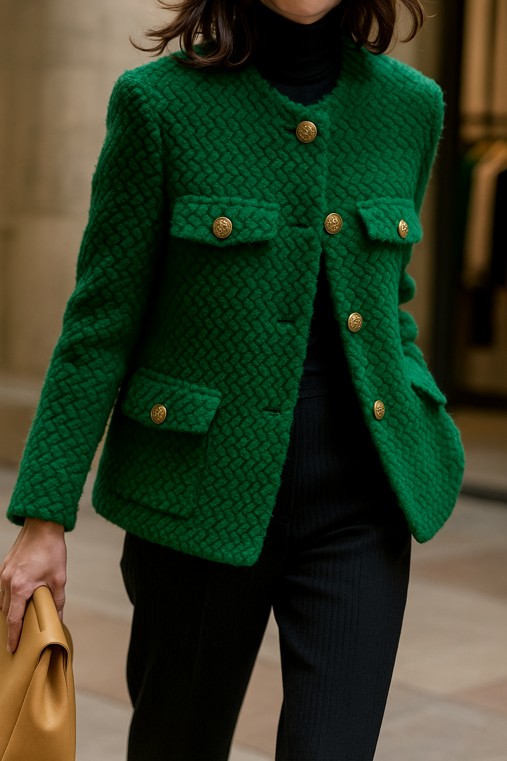 Chic Green Textured Knit Jacket with Gold Buttons