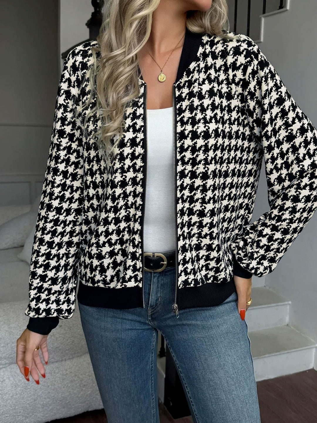 Chic Houndstooth Bomber Jacket with Black Ribbed Trim