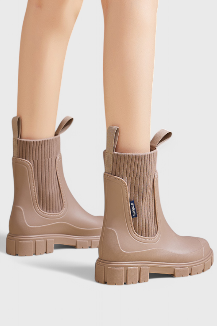 Chunky Chelsea Rain Boots with Ribbed Knit Collar
