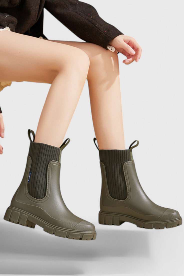 Chunky Chelsea Rain Boots with Ribbed Knit Collar