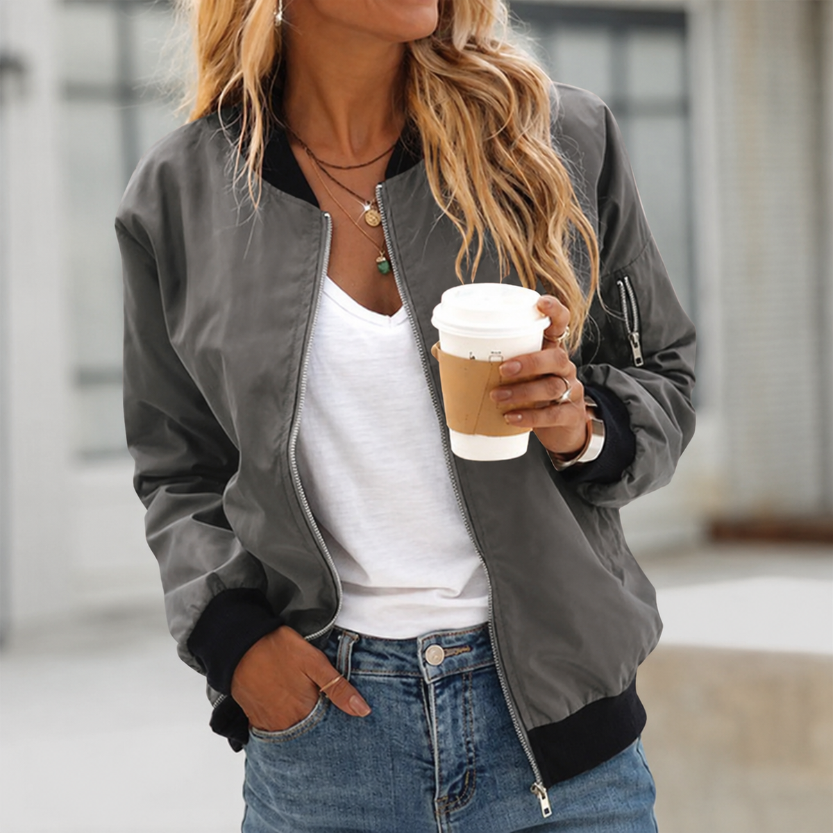 Classic Light Bomber Jacket with Zip Pockets