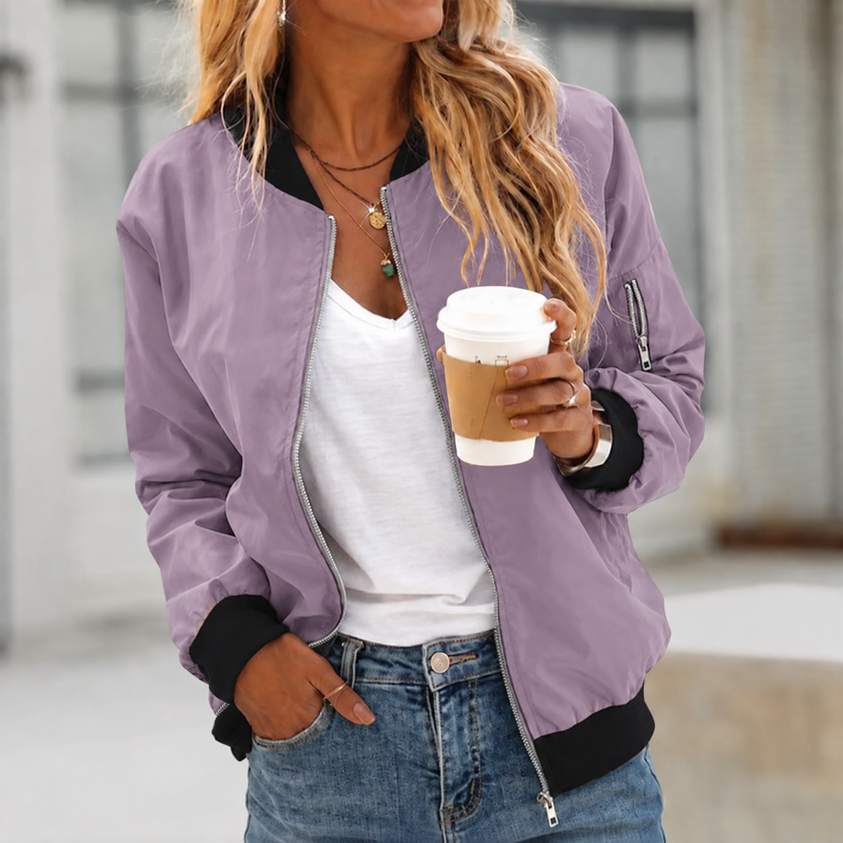 Classic Light Bomber Jacket with Zip Pockets
