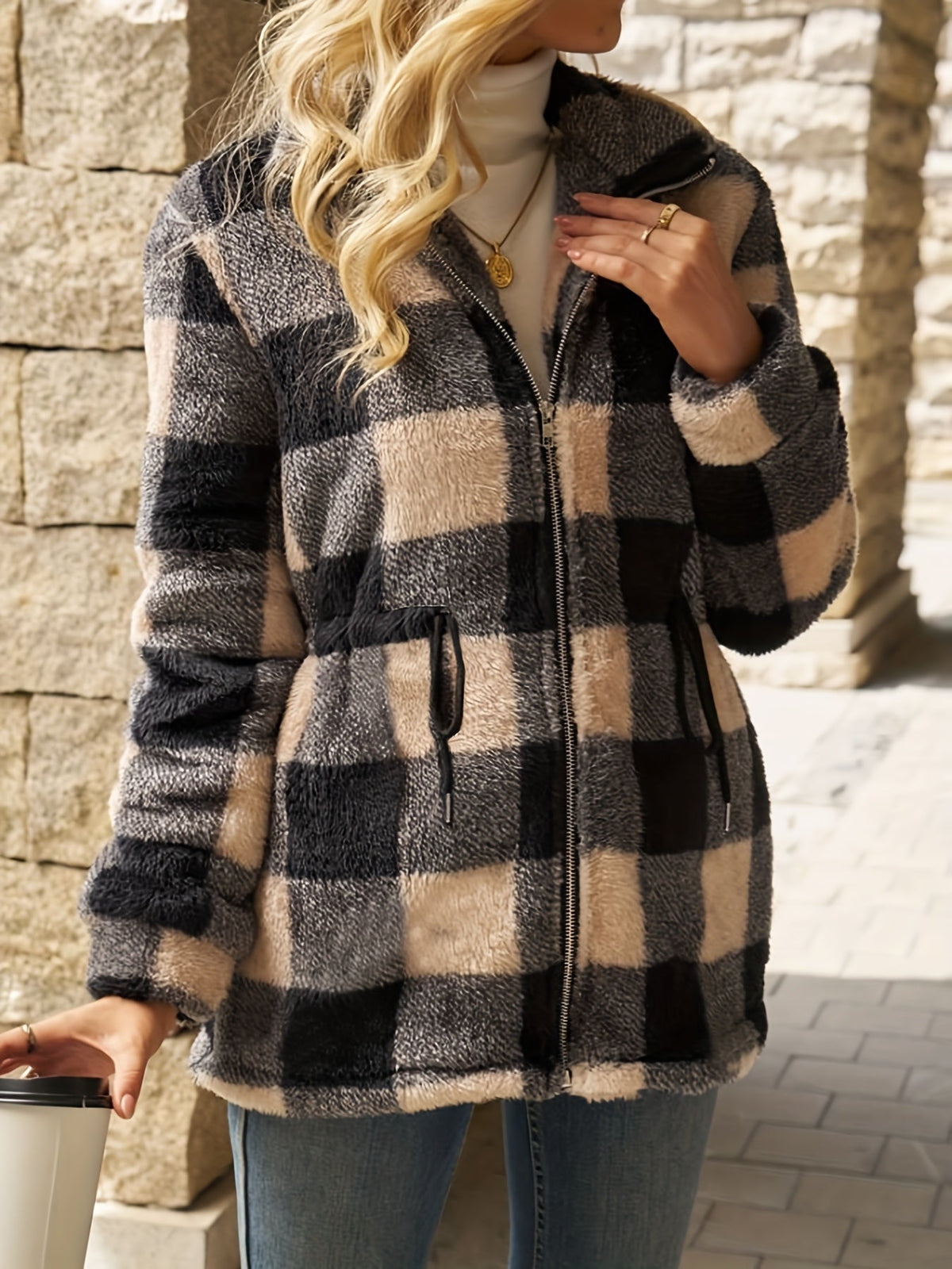Cosy Check Fleece Jacket with Stand Collar and Side Pockets