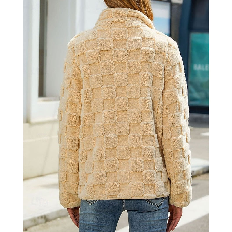 Cosy Fleece Jacket with Checkerboard Texture and Stand Collar