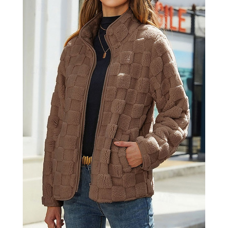 Cosy Fleece Jacket with Checkerboard Texture and Stand Collar
