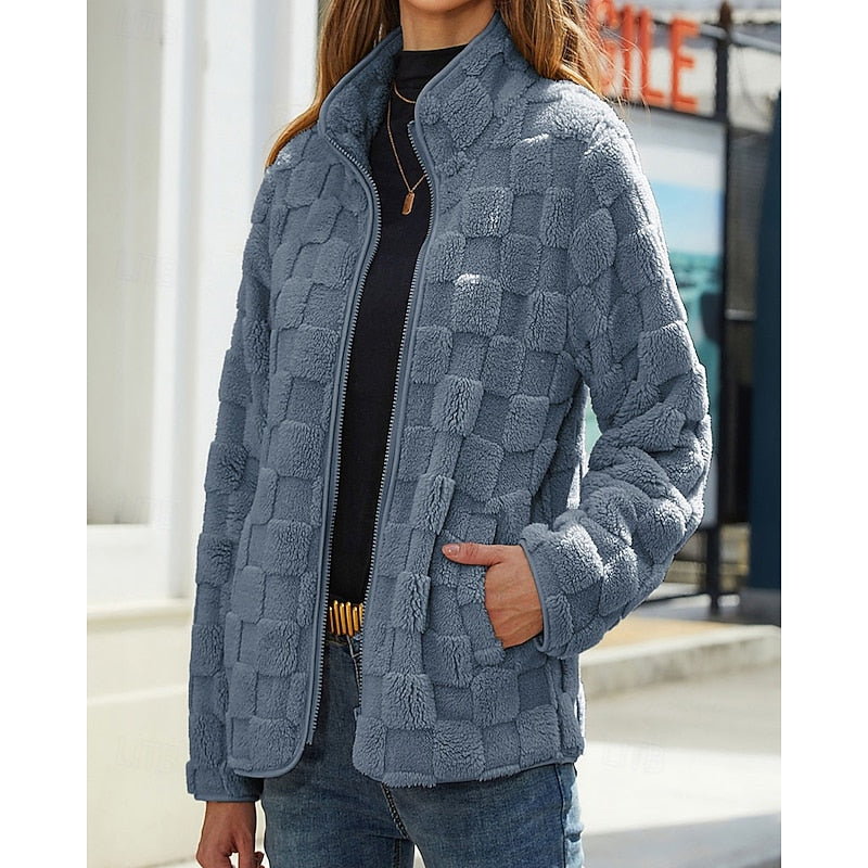 Cosy Fleece Jacket with Checkerboard Texture and Stand Collar