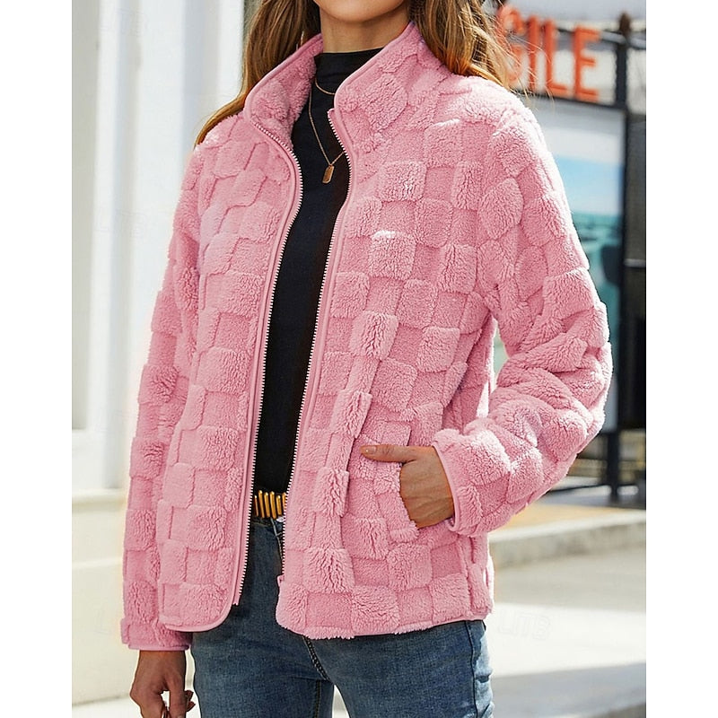 Cosy Fleece Jacket with Checkerboard Texture and Stand Collar