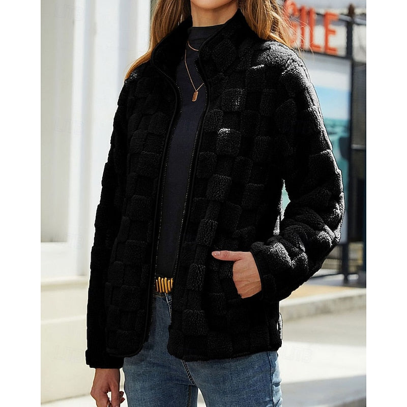 Cosy Fleece Jacket with Checkerboard Texture and Stand Collar