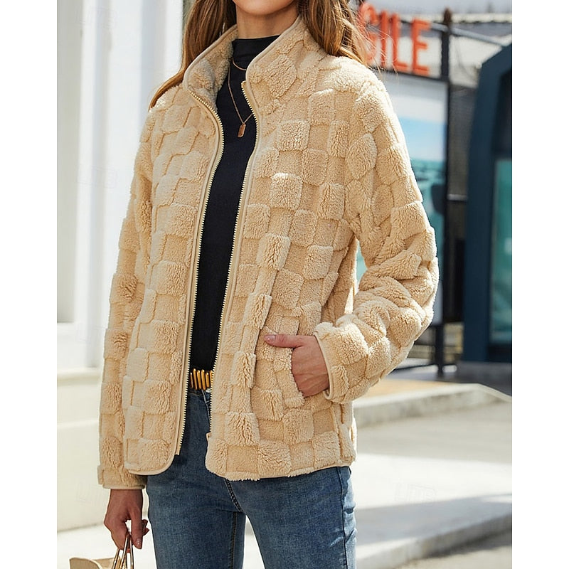Cosy Fleece Jacket with Checkerboard Texture and Stand Collar