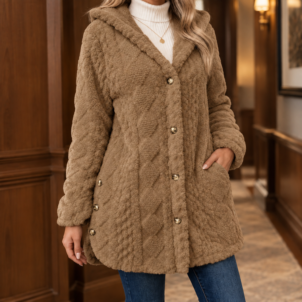 Cosy Hooded Teddy Fleece Jacket with Gold Buttons