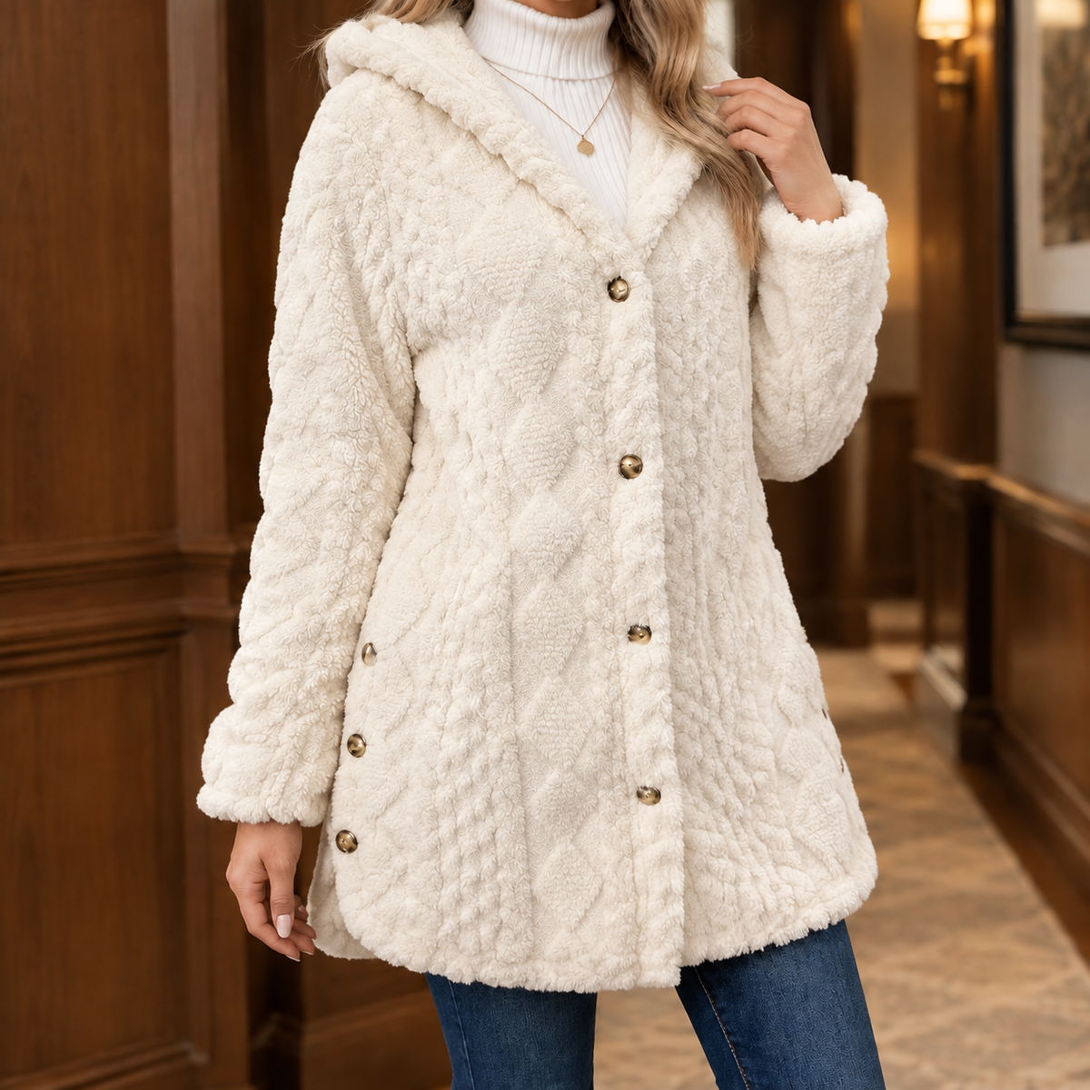 Cosy Hooded Teddy Fleece Jacket with Gold Buttons