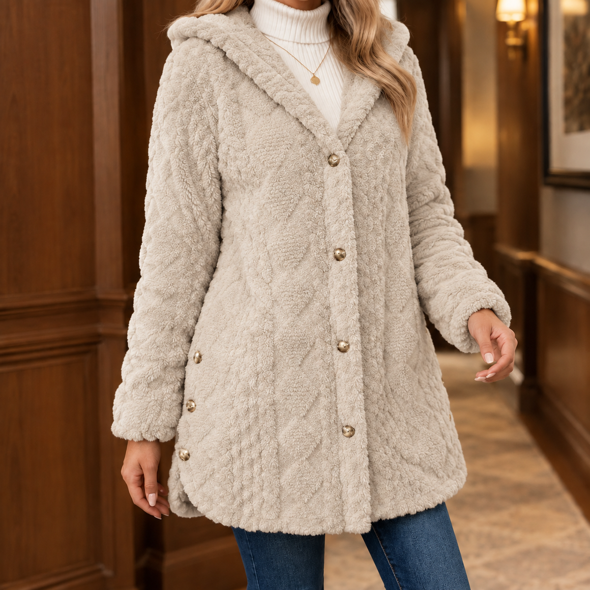 Cosy Hooded Teddy Fleece Jacket with Gold Buttons