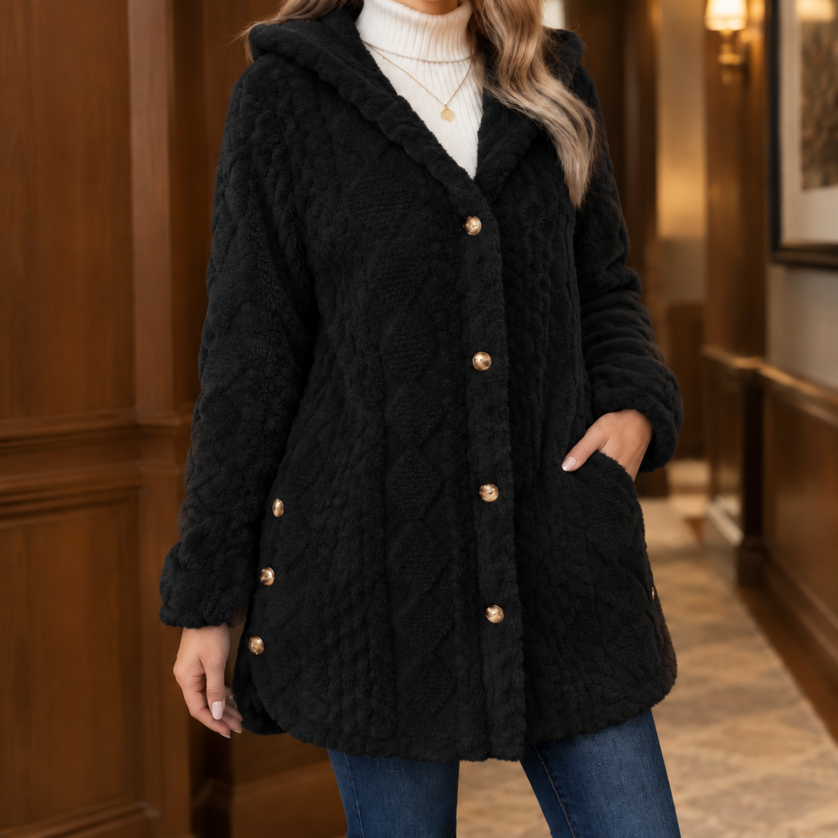 Cosy Hooded Teddy Fleece Jacket with Gold Buttons