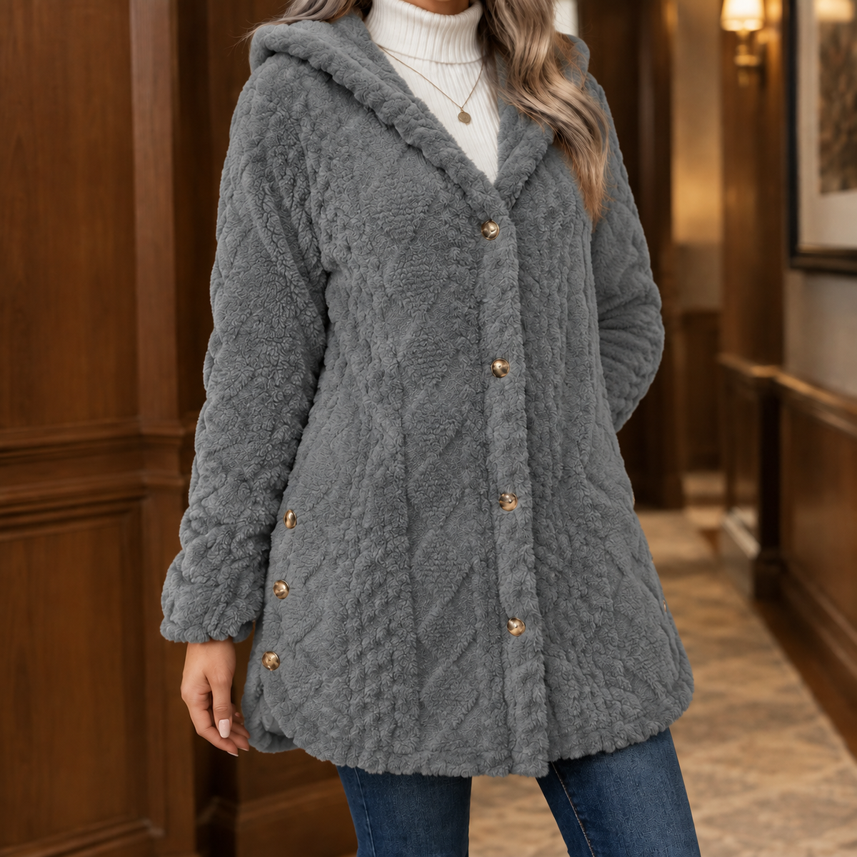 Cosy Hooded Teddy Fleece Jacket with Gold Buttons