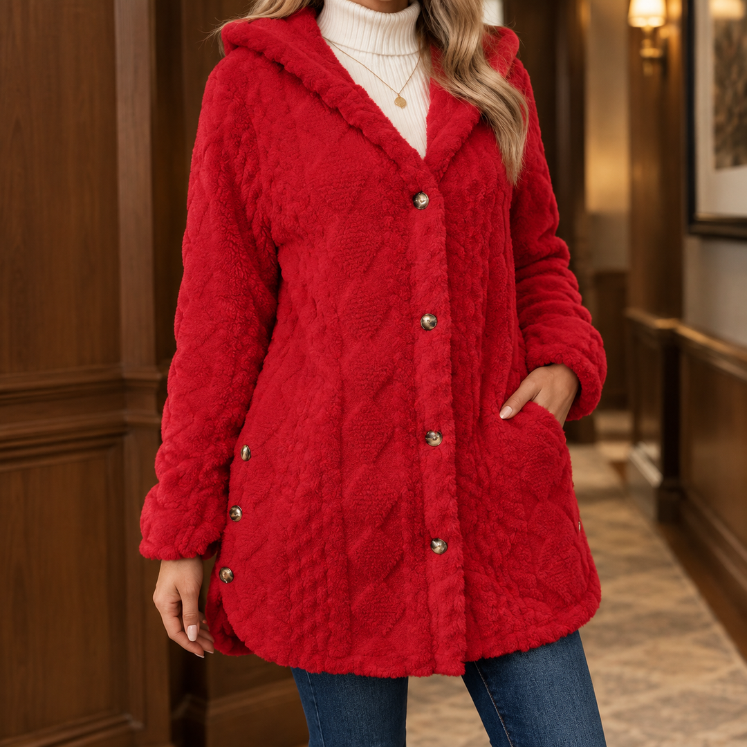 Cosy Hooded Teddy Fleece Jacket with Gold Buttons