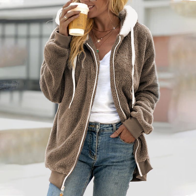 Cosy Oversized Sherpa Fleece Jacket with Contrast Hood