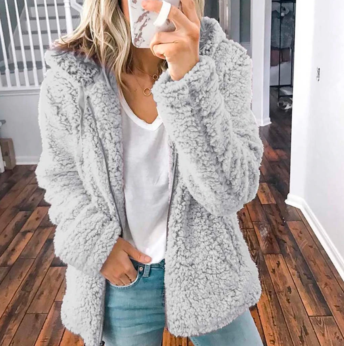 Cosy Oversized Teddy Fleece Jacket with Hood and Side Pockets