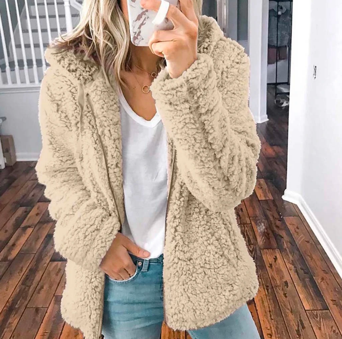 Cosy Oversized Teddy Fleece Jacket with Hood and Side Pockets
