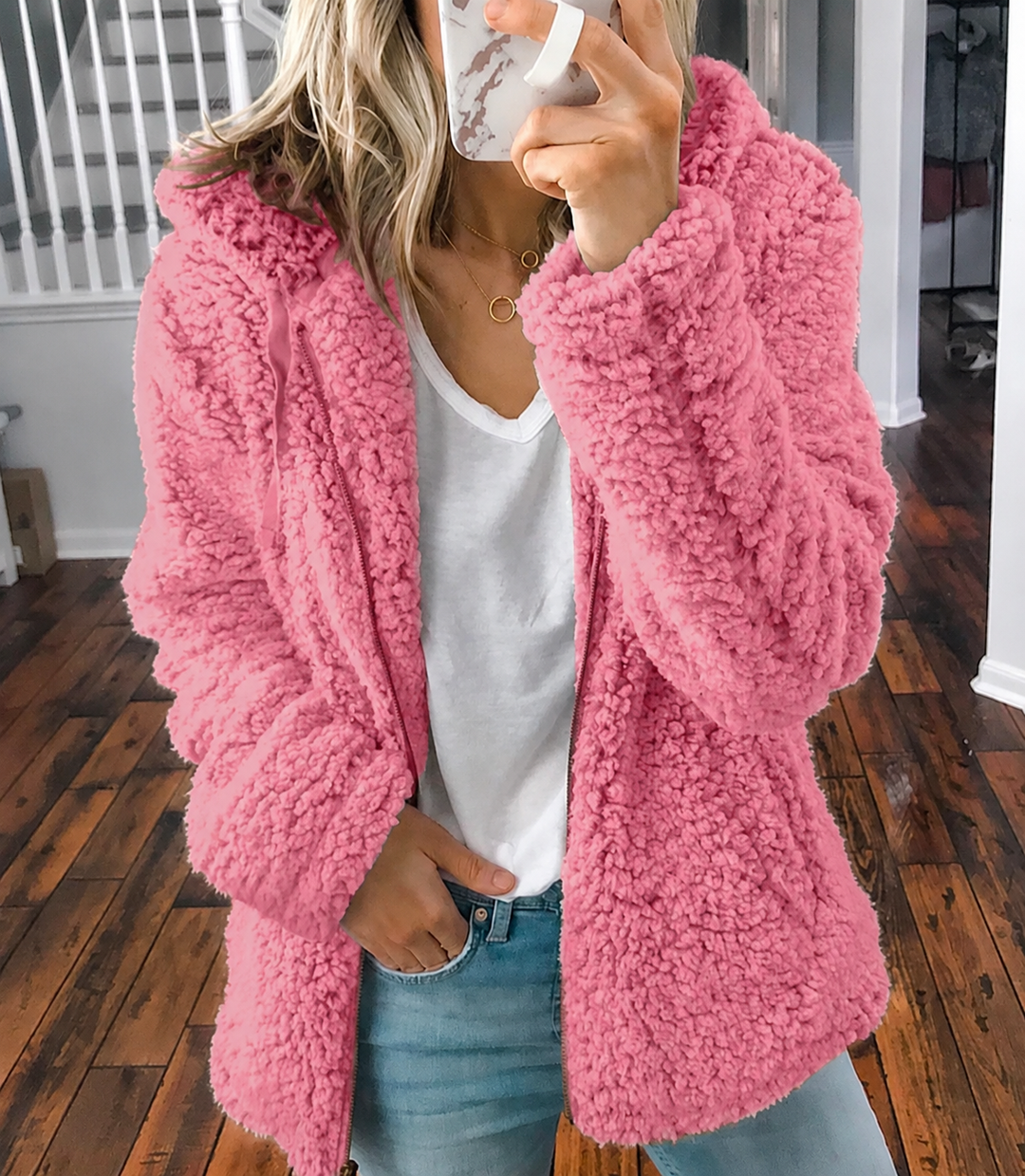 Cosy Oversized Teddy Fleece Jacket with Hood and Side Pockets