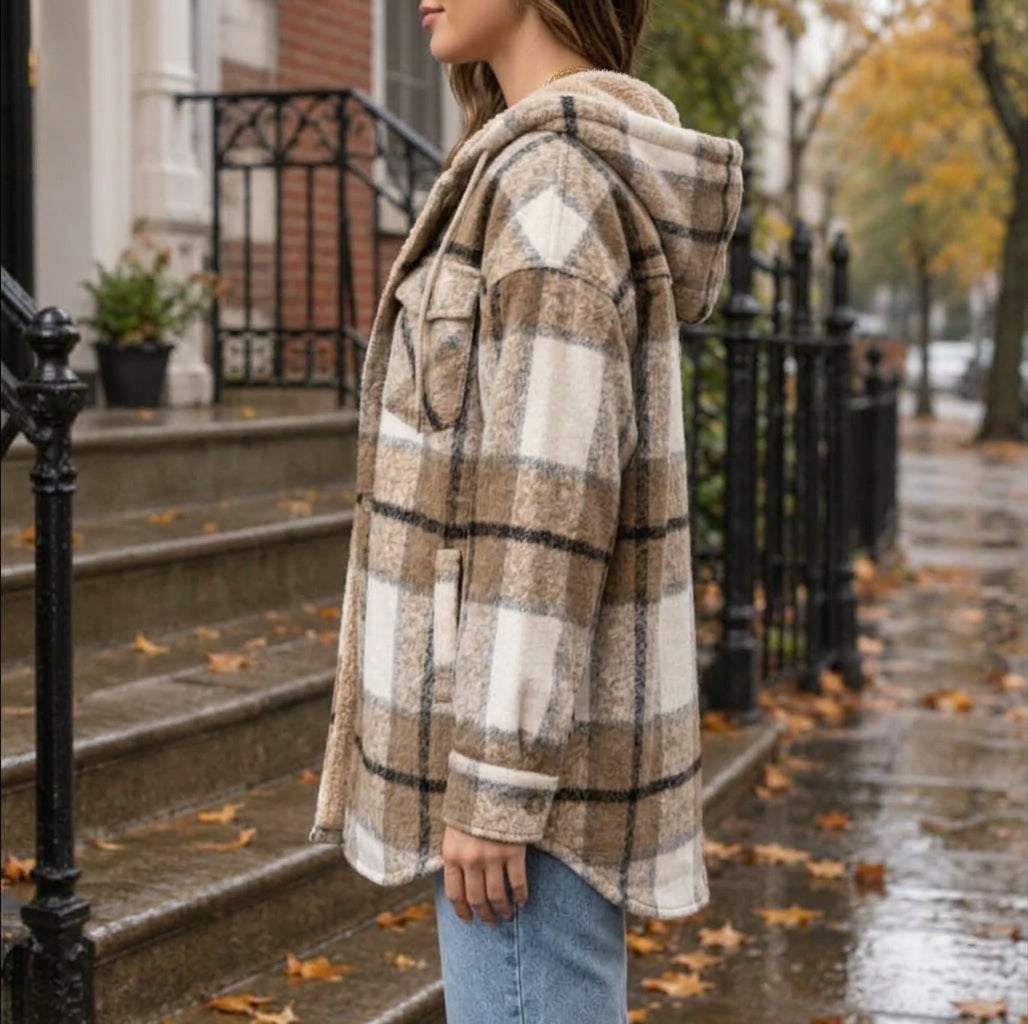 Cosy Plaid Hooded Shacket with Sherpa Lining