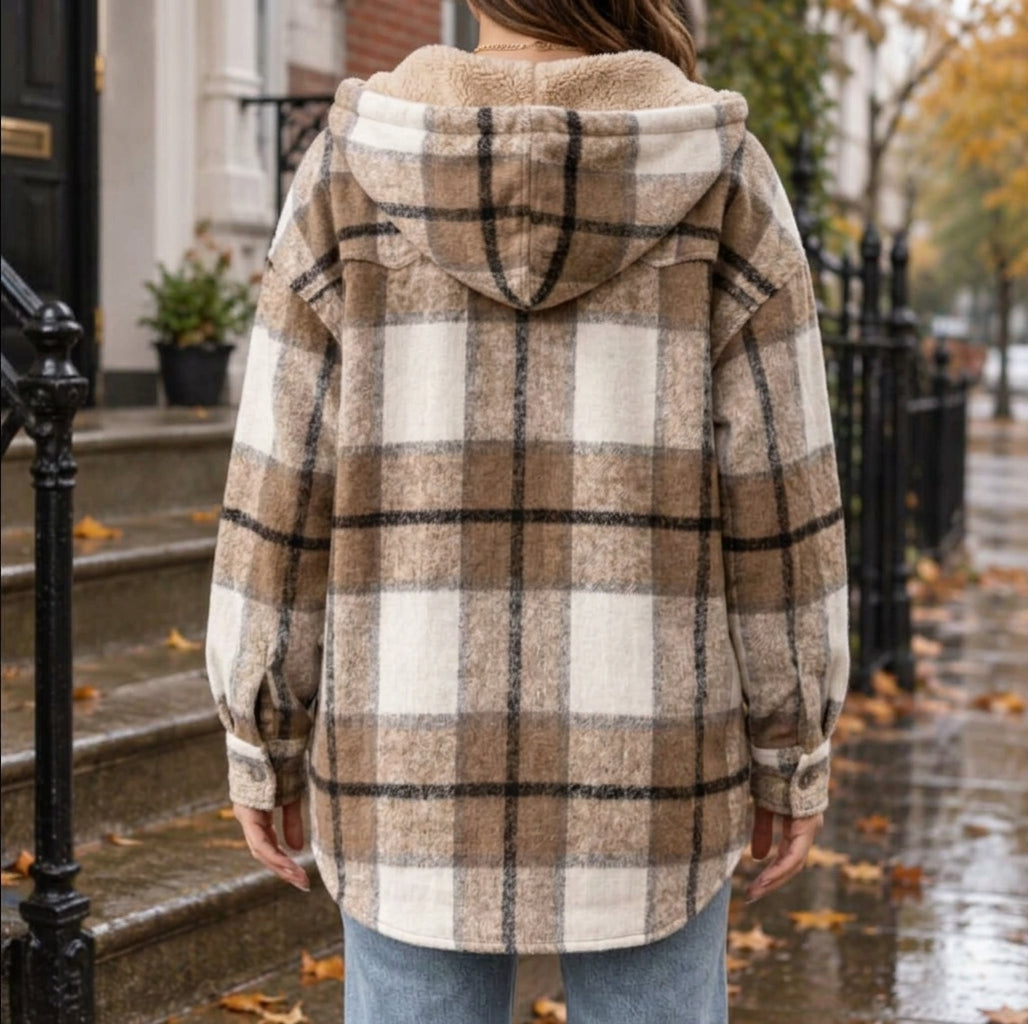 Cosy Plaid Hooded Shacket with Sherpa Lining