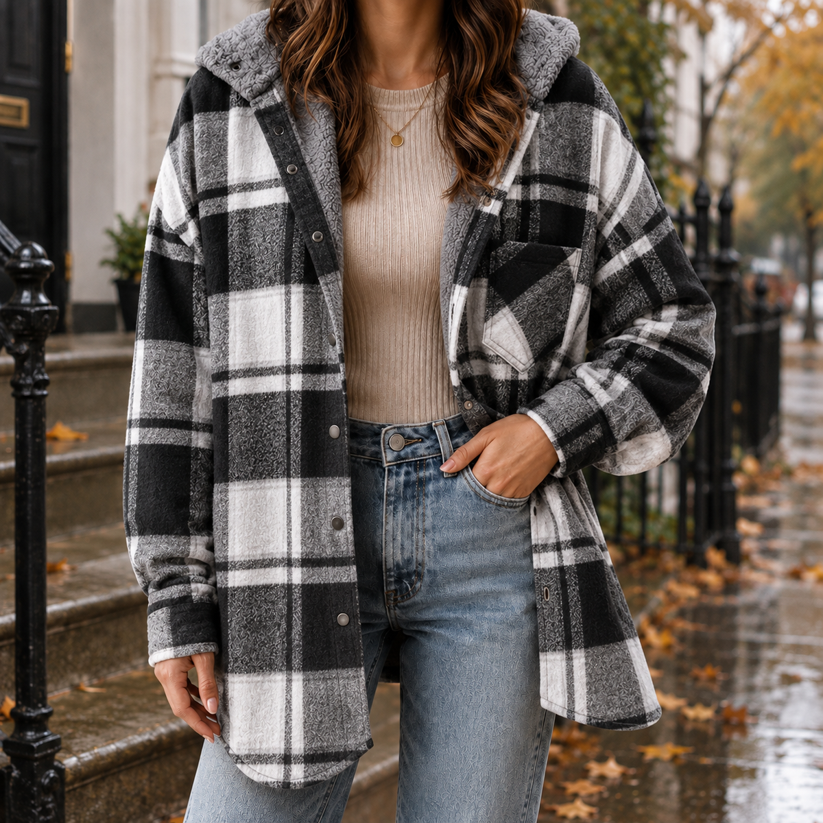 Cosy Plaid Hooded Shacket with Sherpa Lining