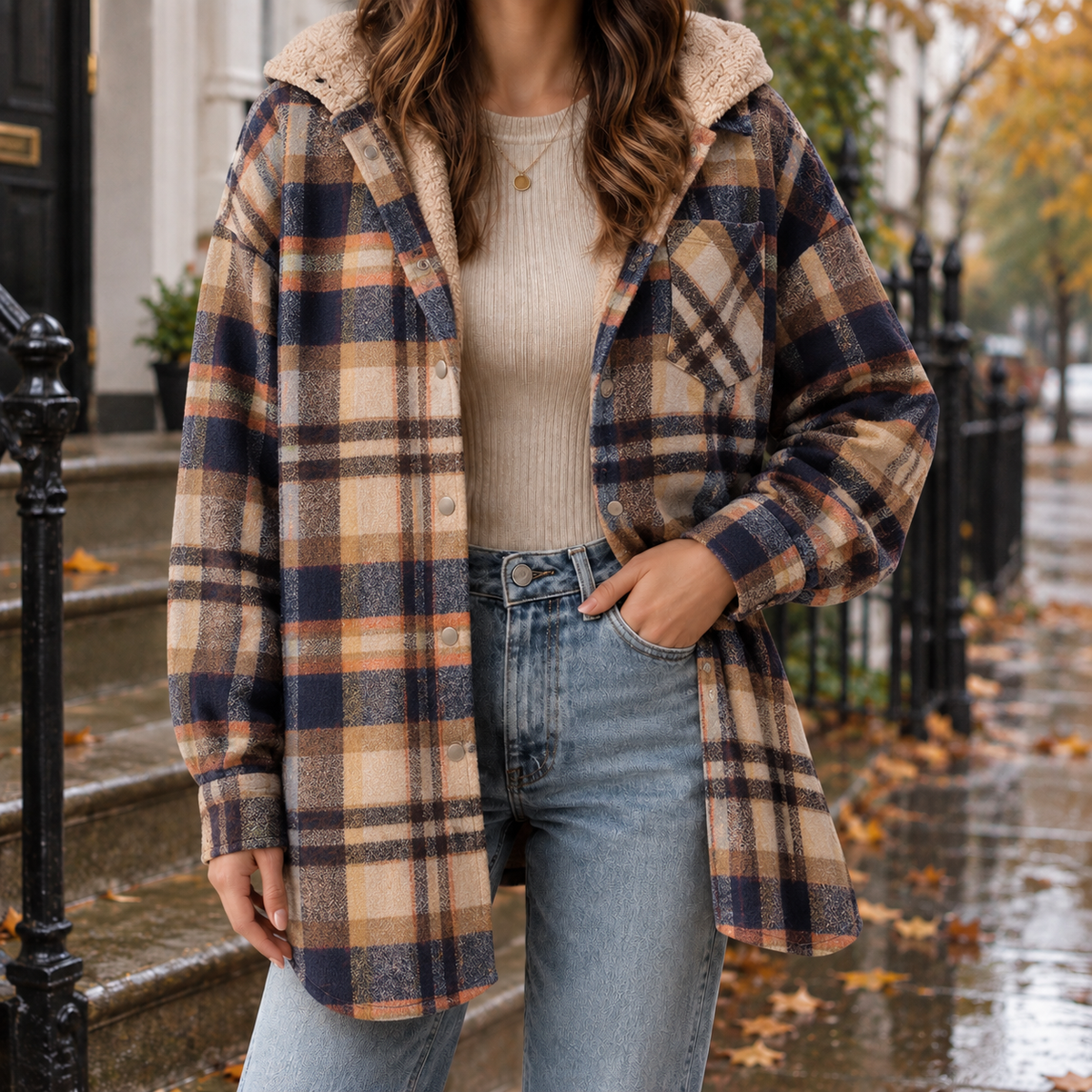 Cosy Plaid Hooded Shacket with Sherpa Lining