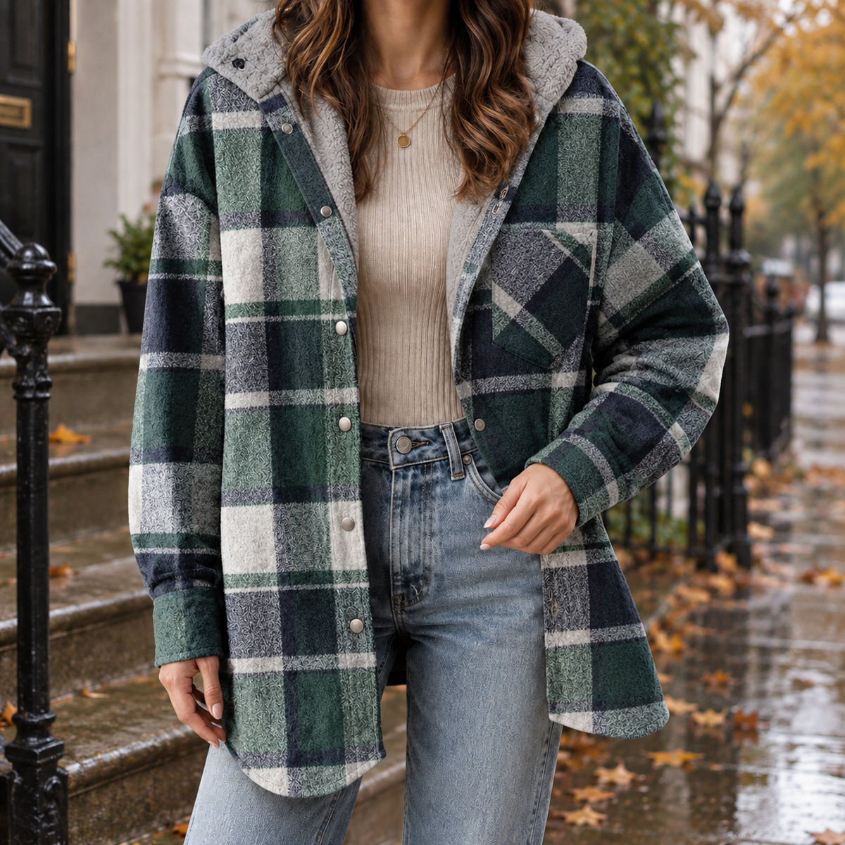 Cosy Plaid Hooded Shacket with Sherpa Lining
