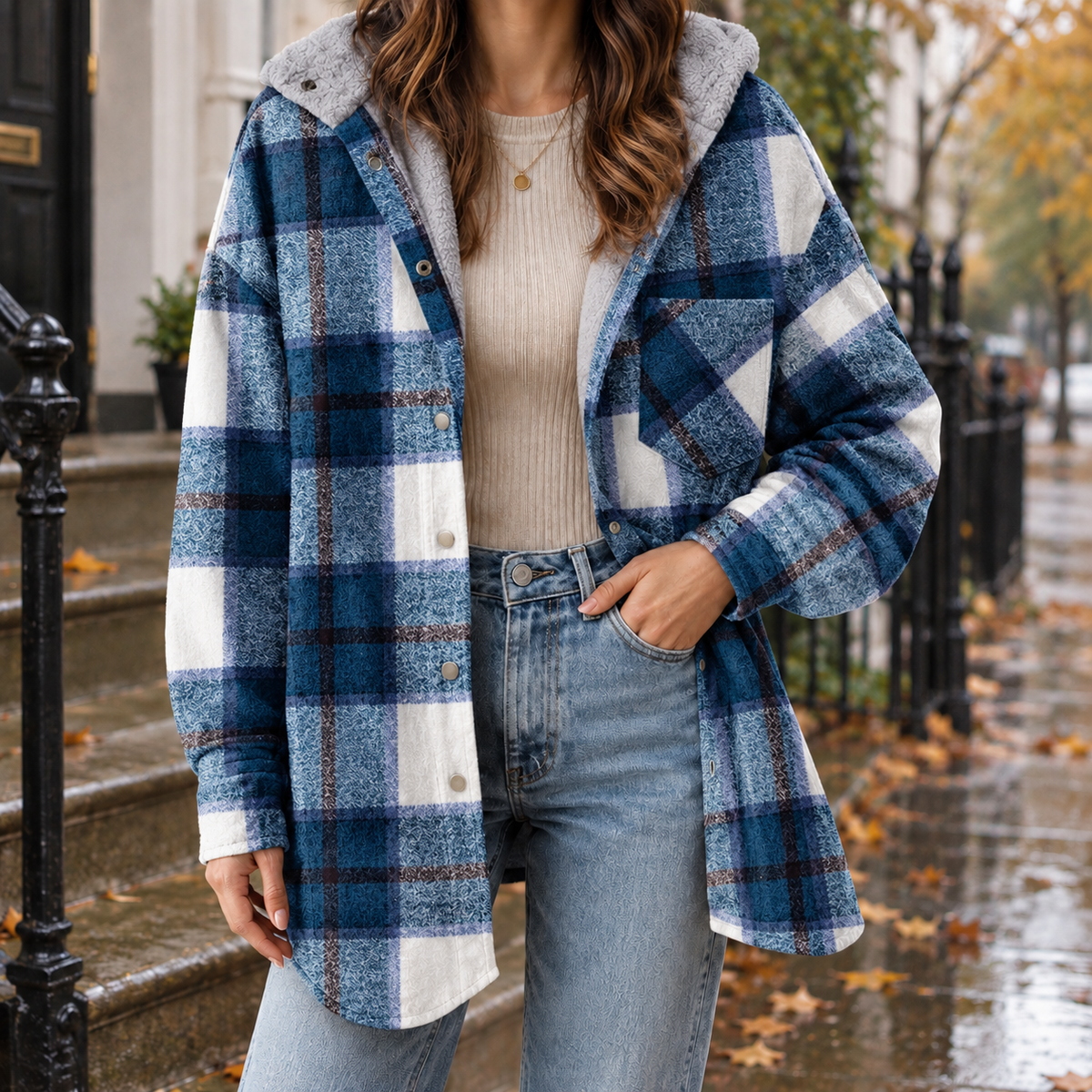 Cosy Plaid Hooded Shacket with Sherpa Lining