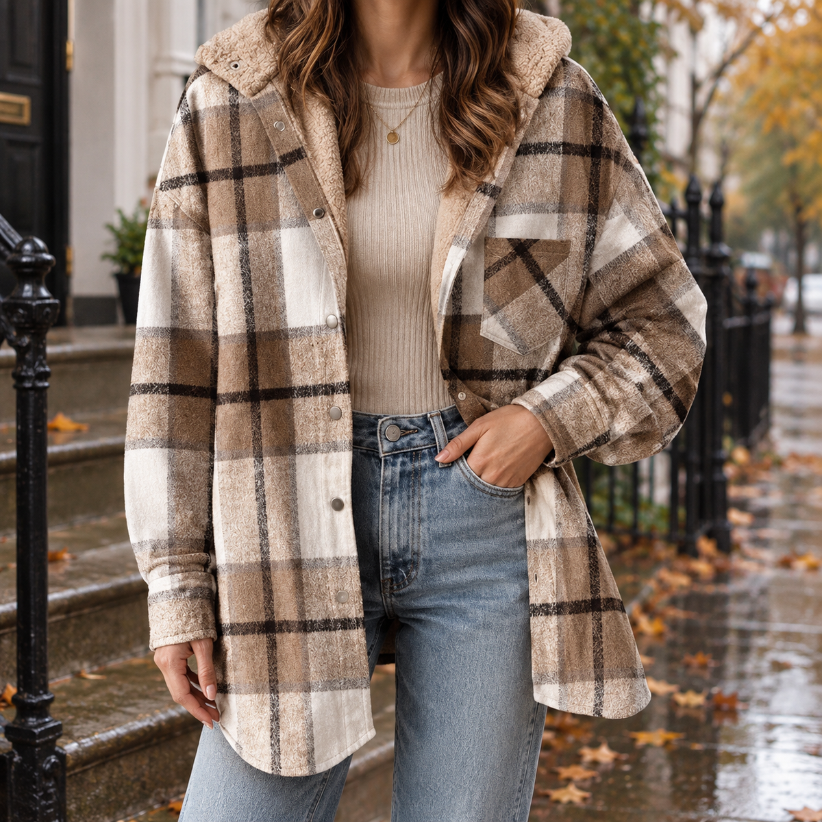 Cosy Plaid Hooded Shacket with Sherpa Lining