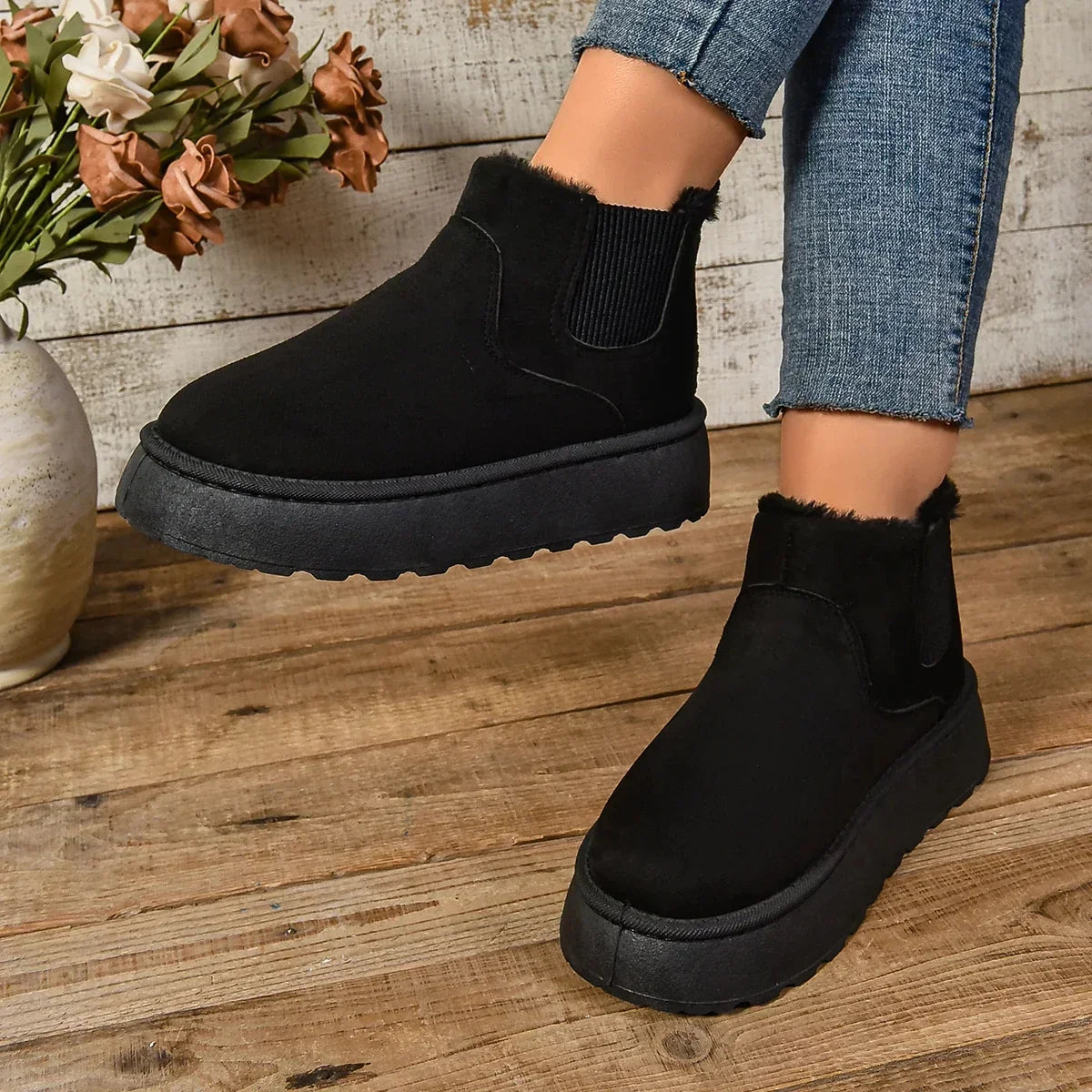 Cosy Suede Platform Ankle Boots with Fur Lining