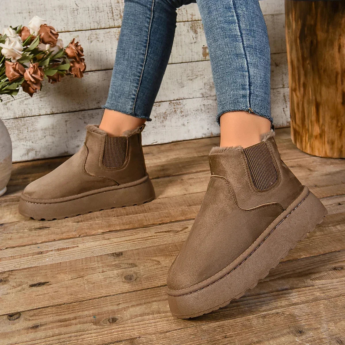 Cosy Suede Platform Ankle Boots with Fur Lining