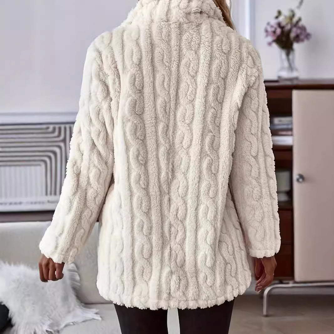 Cosy Teddy Coat with Cable Texture and Wide Collar