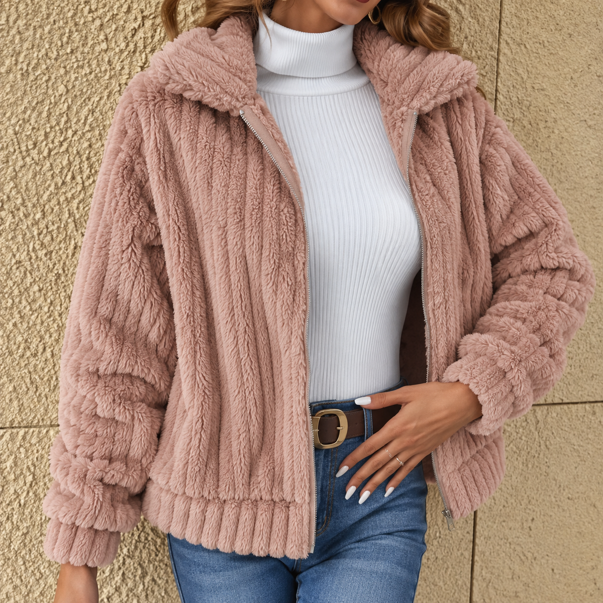 Cosy Teddy Fleece Jacket with Wide Collar and Ribbed Texture