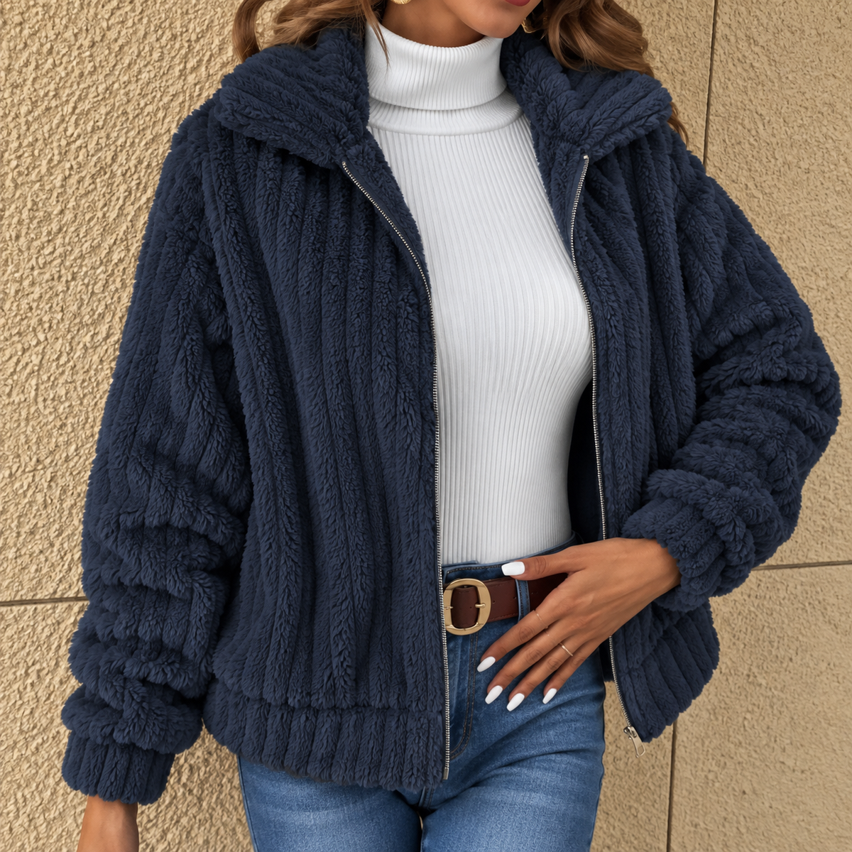 Cosy Teddy Fleece Jacket with Wide Collar and Ribbed Texture
