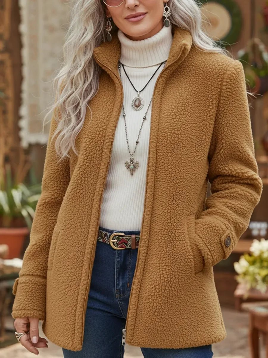 Cosy Zip-Up Teddy Fleece Jacket with Stand Collar and Side Pockets