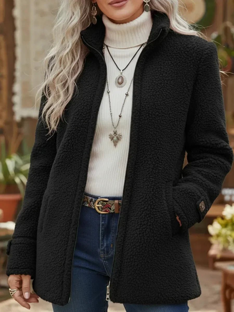 Cosy Zip-Up Teddy Fleece Jacket with Stand Collar and Side Pockets