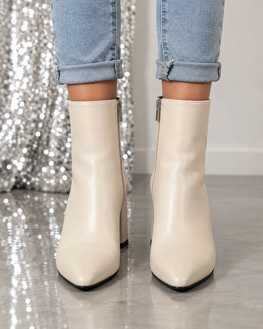Pointed Toe Leather Ankle Boots with Block Heel