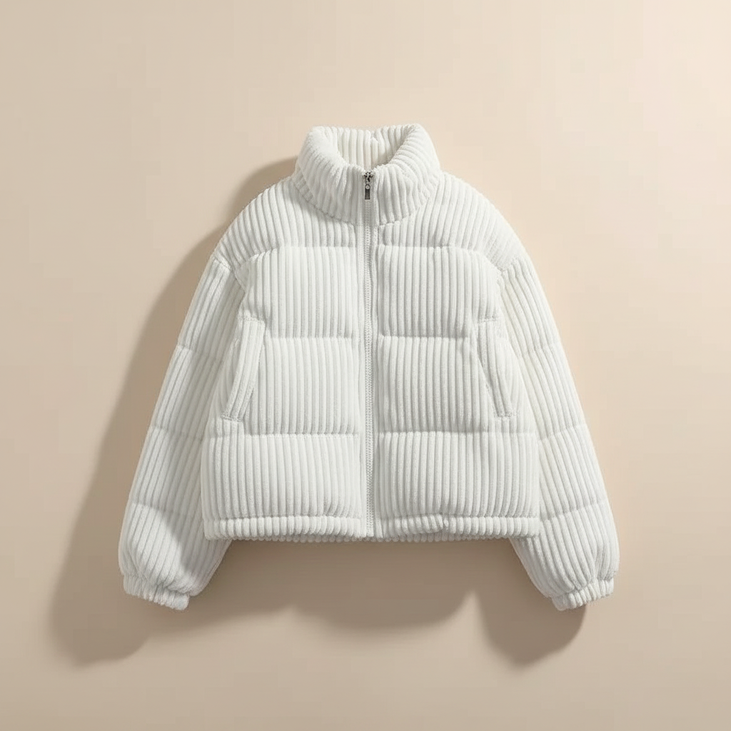 Cropped Corduroy Puffer Jacket with Stand Collar