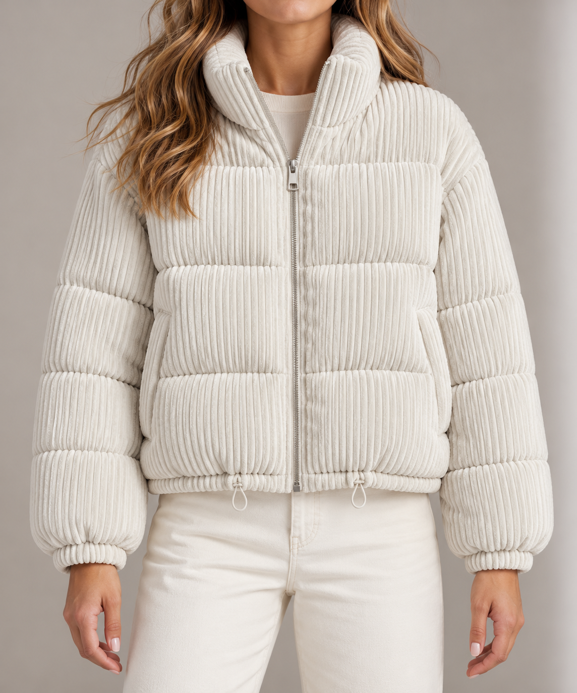 Cropped Corduroy Puffer Jacket with Stand Collar