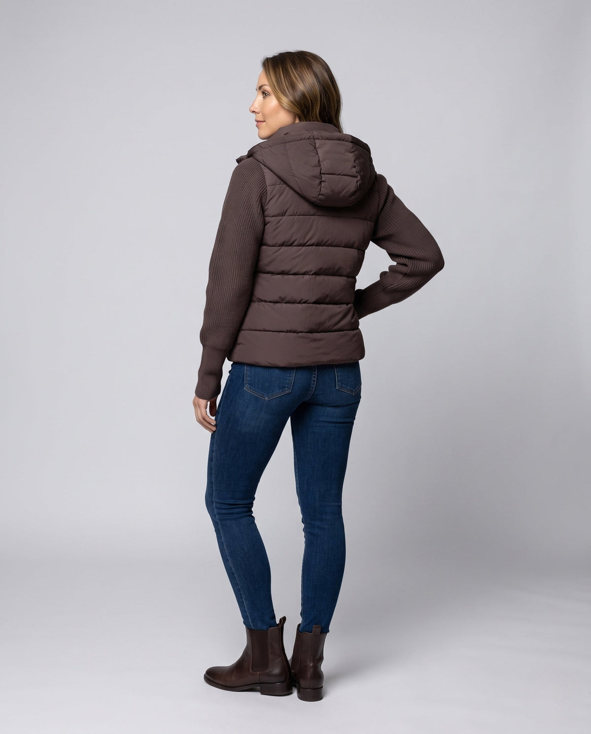 Cropped Hooded Puffer Jacket with Ribbed Knit Sleeves