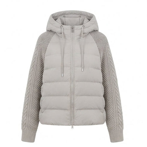 Cropped Hooded Puffer Jacket with Ribbed Knit Sleeves