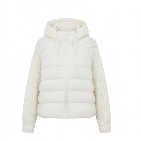 Cropped Hooded Puffer Jacket with Ribbed Knit Sleeves