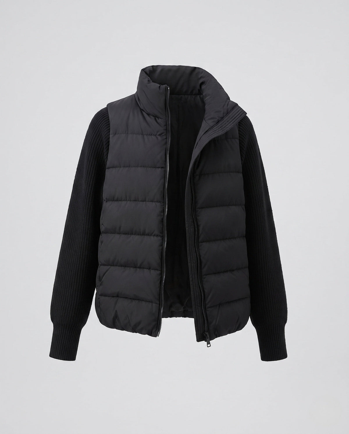 Cropped Hooded Puffer Jacket with Ribbed Knit Sleeves