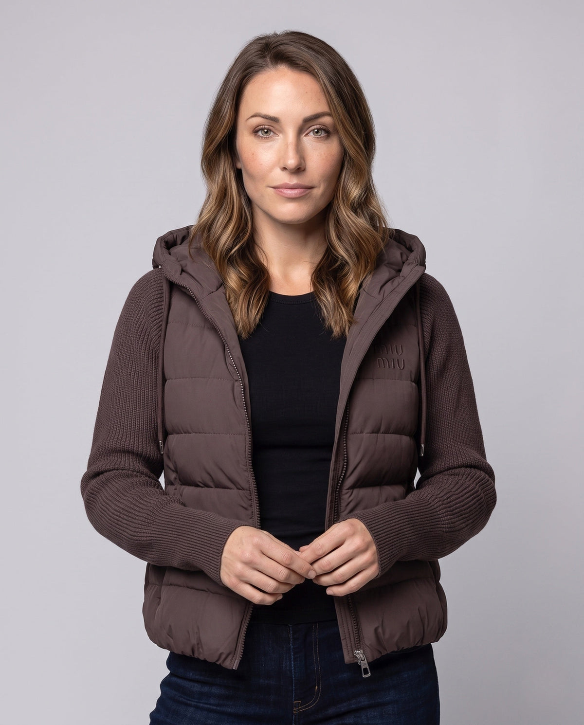 Cropped Hooded Puffer Jacket with Ribbed Knit Sleeves